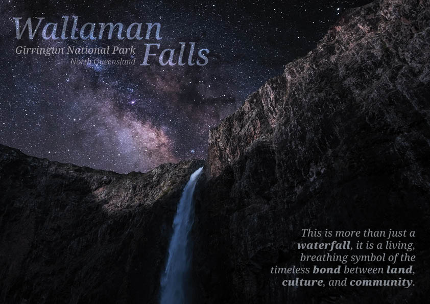 A dark sky is filled with stars and clouds above a dark canyon with a white waterfall streaming over the top of the cliff.