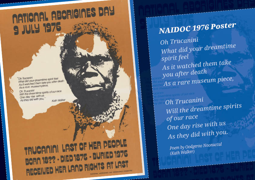 A poster design from 1976 in ochre colours with a poem written within the shape of australia. A black print of Trucanini is next to the poem.